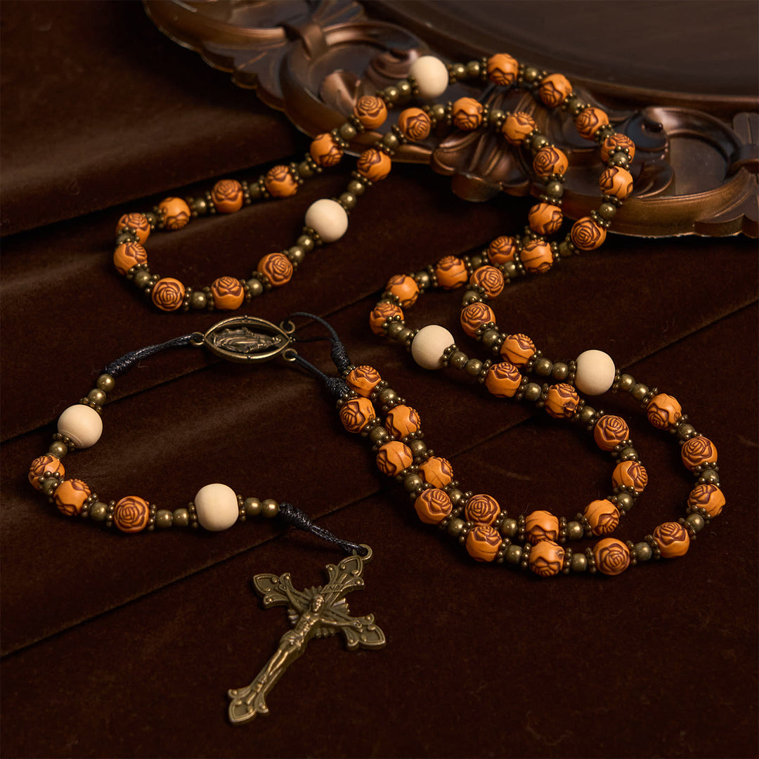 FREE Today: Exquisite Wooden Rose Beads with Bronze Crucifix & Miraculous Medal Rosary - Wood - image 1