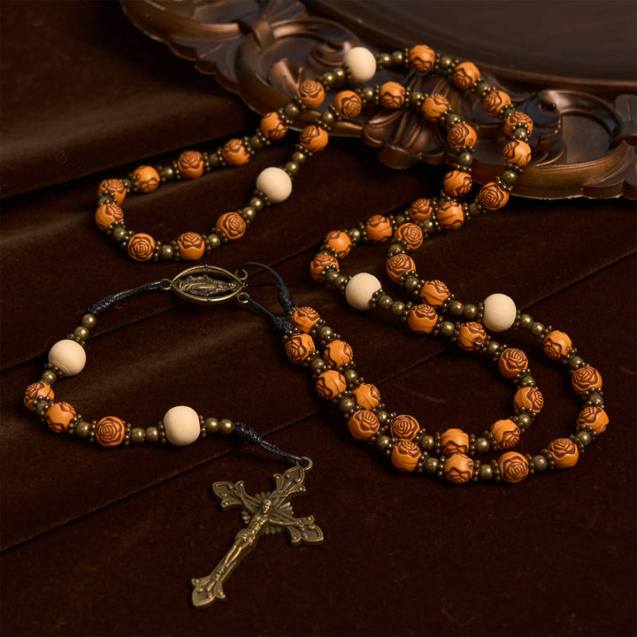 Christianartworkshop PRAYERFUL FAITH: Exquisite Wooden Rose Beads with Miraculous Medal Rosary - image 7