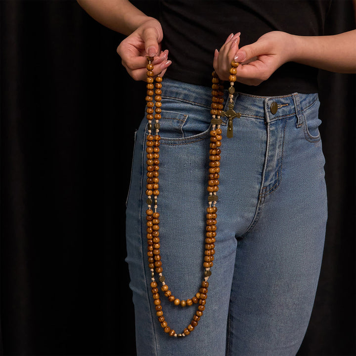 Christianartworkshop 15/20 Decade Olive Wood Rosary with St. Benedict, Crucifix & Waist Chain Design—Divine Devotion in Dual Use - image 5