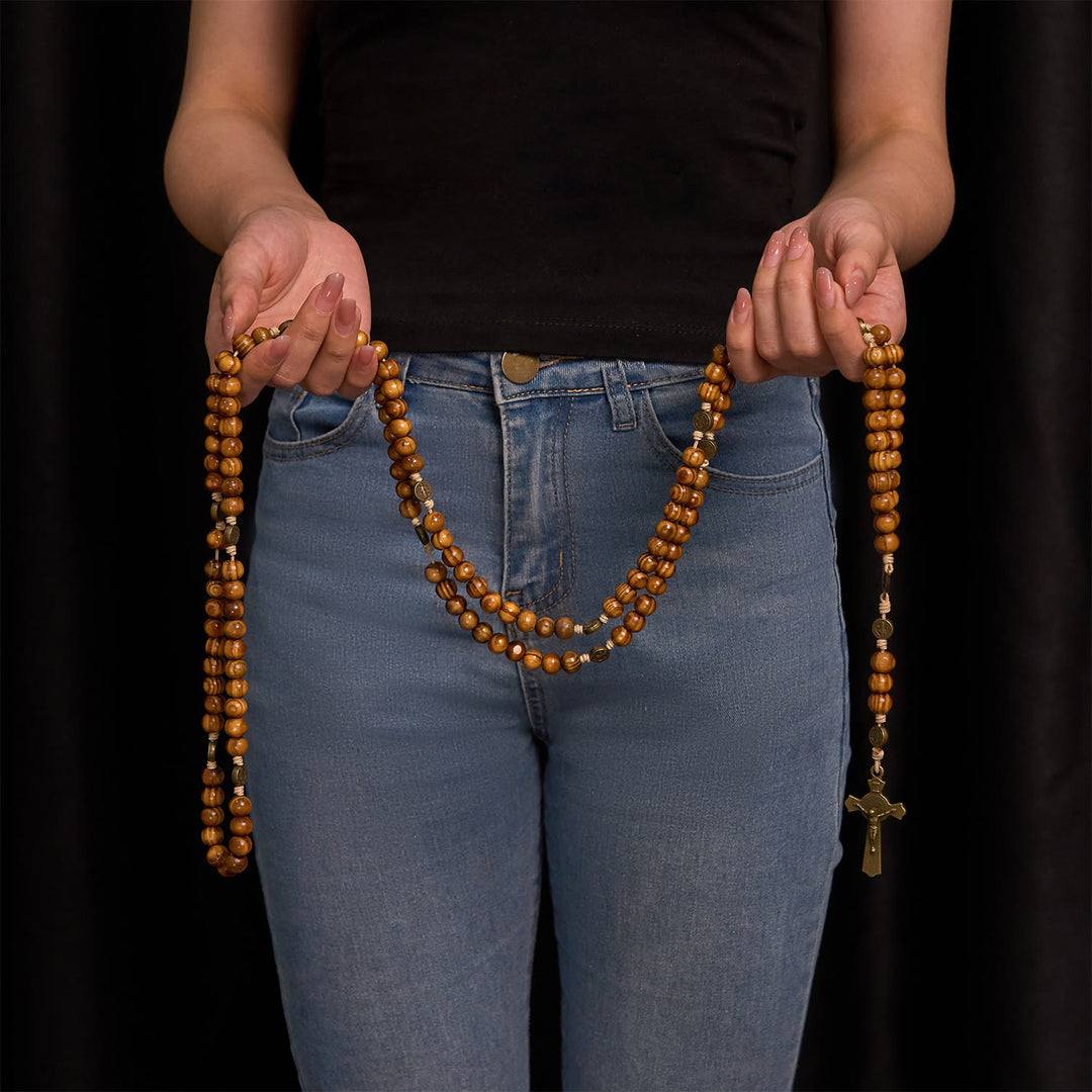 Christianartworkshop 15/20 Decade Olive Wood Rosary with St. Benedict, Crucifix & Waist Chain Design—Divine Devotion in Dual Use - image 7