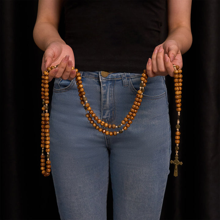 Christianartworkshop 15/20 Decade Olive Wood Rosary with St. Benedict, Crucifix & Waist Chain Design—Divine Devotion in Dual Use - image 7