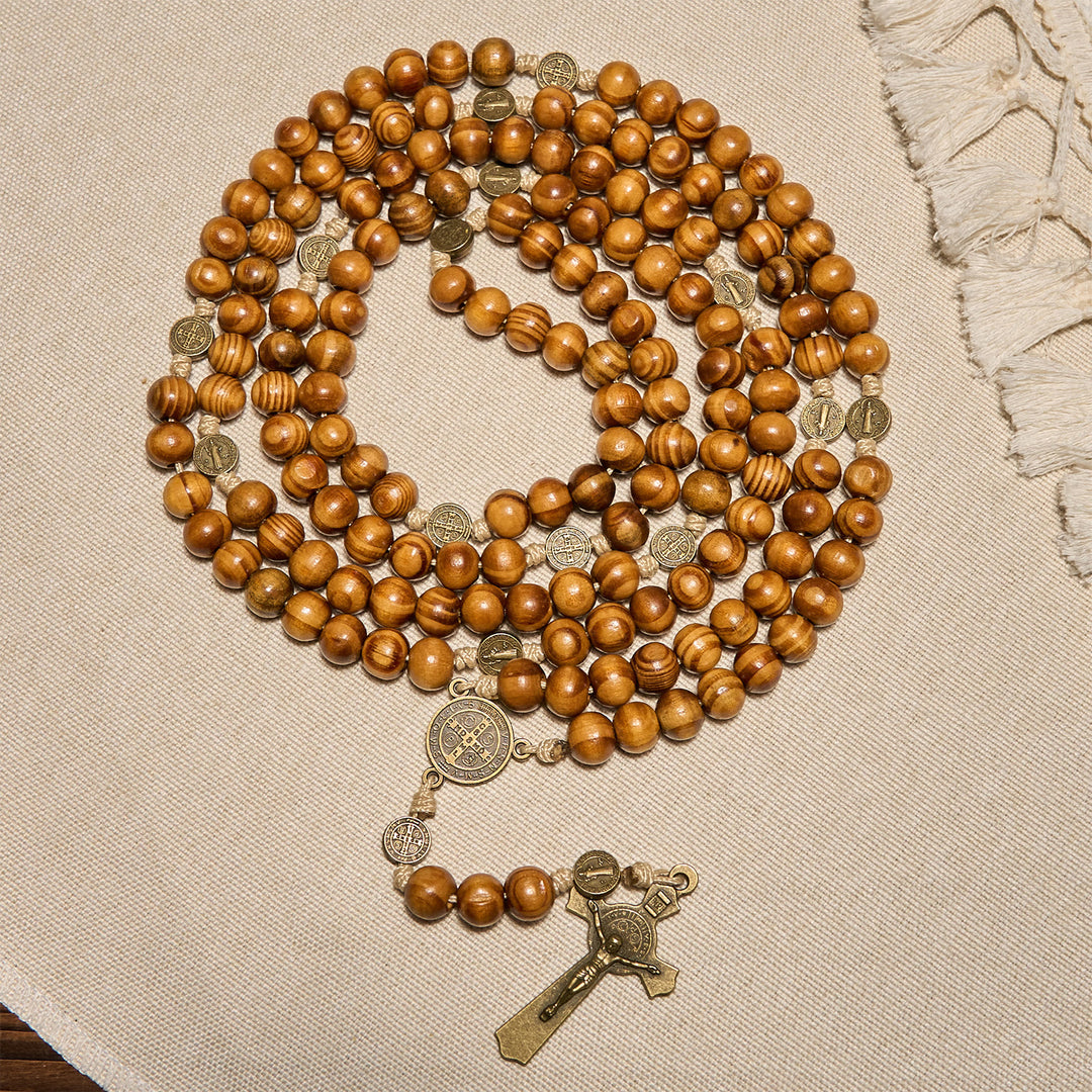 Christianartworkshop 15/20 Decade Olive Wood Rosary with St. Benedict, Crucifix & Waist Chain Design—Divine Devotion in Dual Use - 15 Decade - Caramel - image 1