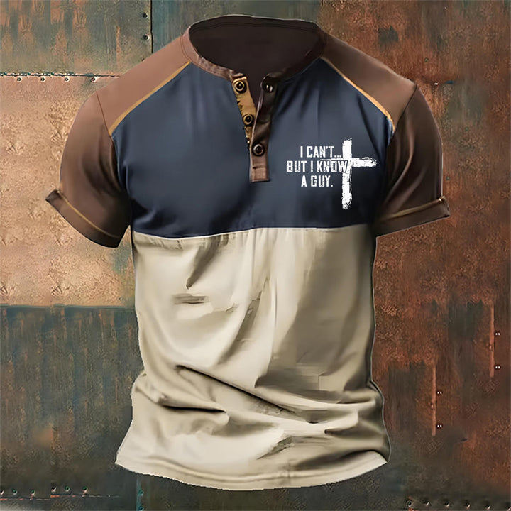 Christianartworkshop Men's I Can't But I Know A Guy Printed Henley Neck T-Shirt - Khaki - 4XL - image 1