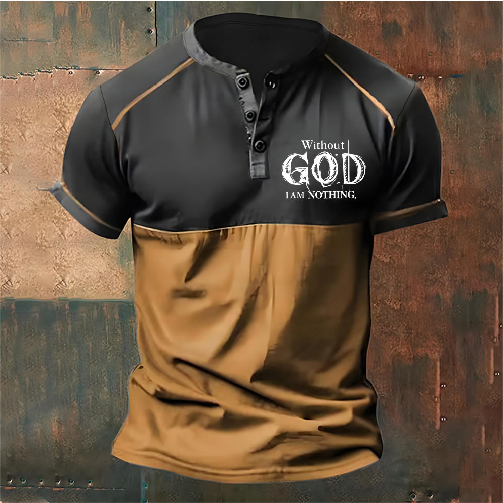 Christianartworkshop Men's Faith Without God I Am Nothing Henley Neck T-Shirt - Brown - 4XL - image 4