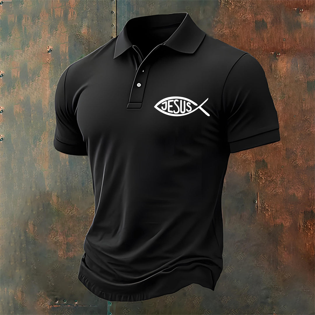 Christianartworkshop Men's Jesus Fish Print Casual Polo Shirt - Black - 4XL - image 1