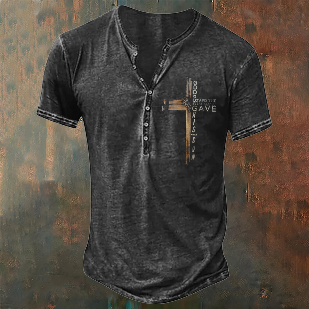 Christianartworkshop Men's God So Loved the World Print Henley Neck T-Shirt - Black - 4XL - image 1