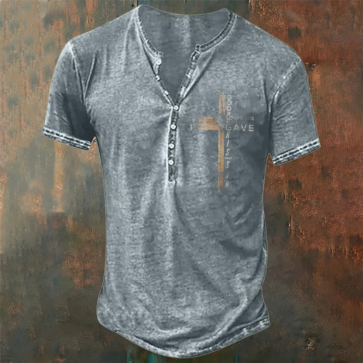 Christianartworkshop Men's God So Loved the World Print Henley Neck T-Shirt - Light Gray - 4XL - image 3
