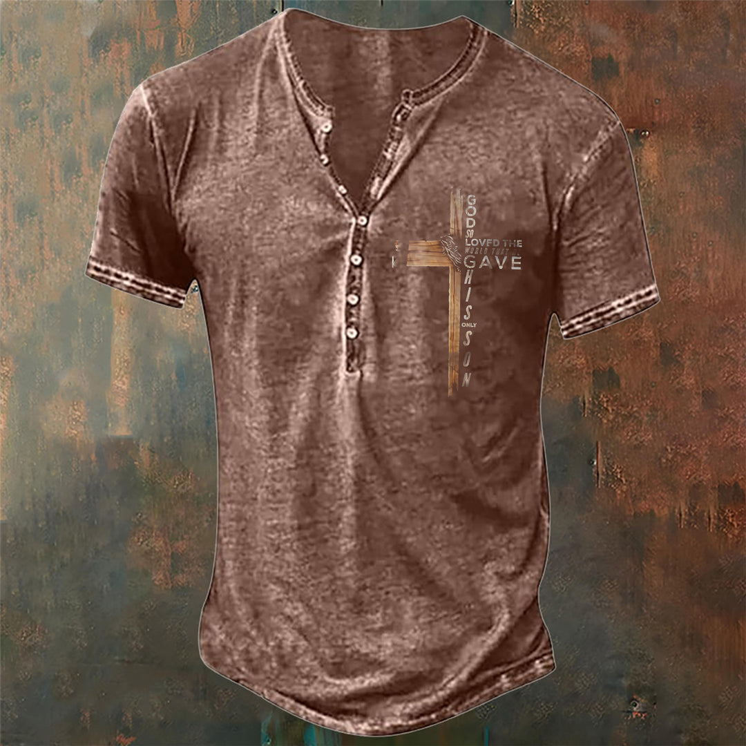 Christianartworkshop Men's God So Loved the World Print Henley Neck T-Shirt - Brown - 4XL - image 6