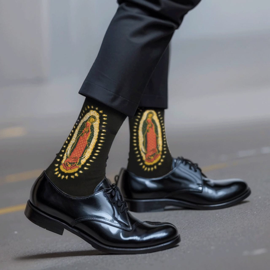 Christianartworkshop Black Virgin of Guadalupe Religious Crew Socks: Retro Design, Exclusive Faith Flair - 1 Pair - image 1