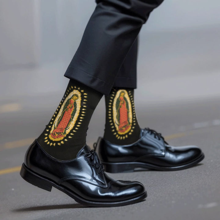 Christianartworkshop Black Virgin of Guadalupe Religious Crew Socks: Retro Design, Exclusive Faith Flair - 1 Pair - image 1