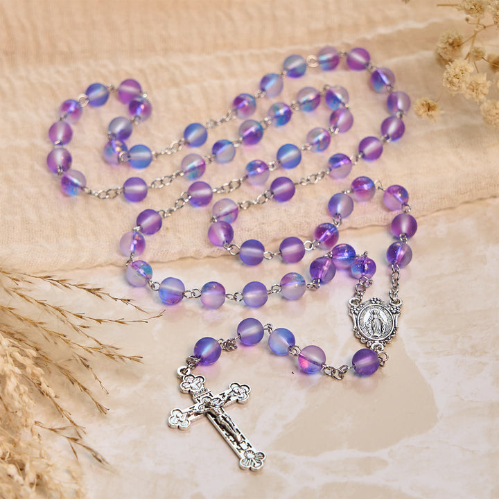 Christianartworkshop Frosted Blue and Purple Glass Beads Rosary Adorned with Miraculous Medal: Devotion in Textured Form