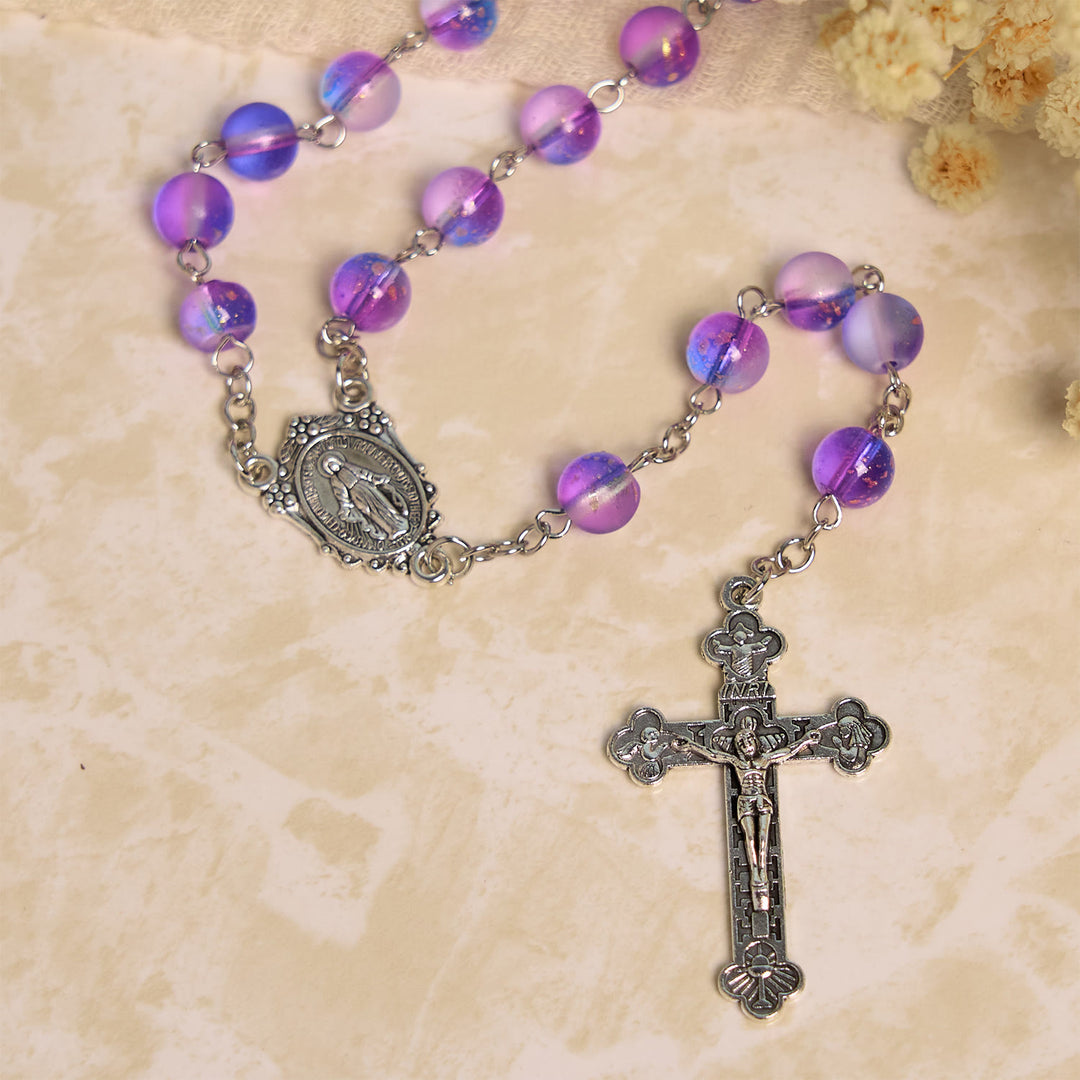 Christianartworkshop Frosted Blue and Purple Glass Beads Rosary Adorned with Miraculous Medal: Devotion in Textured Form