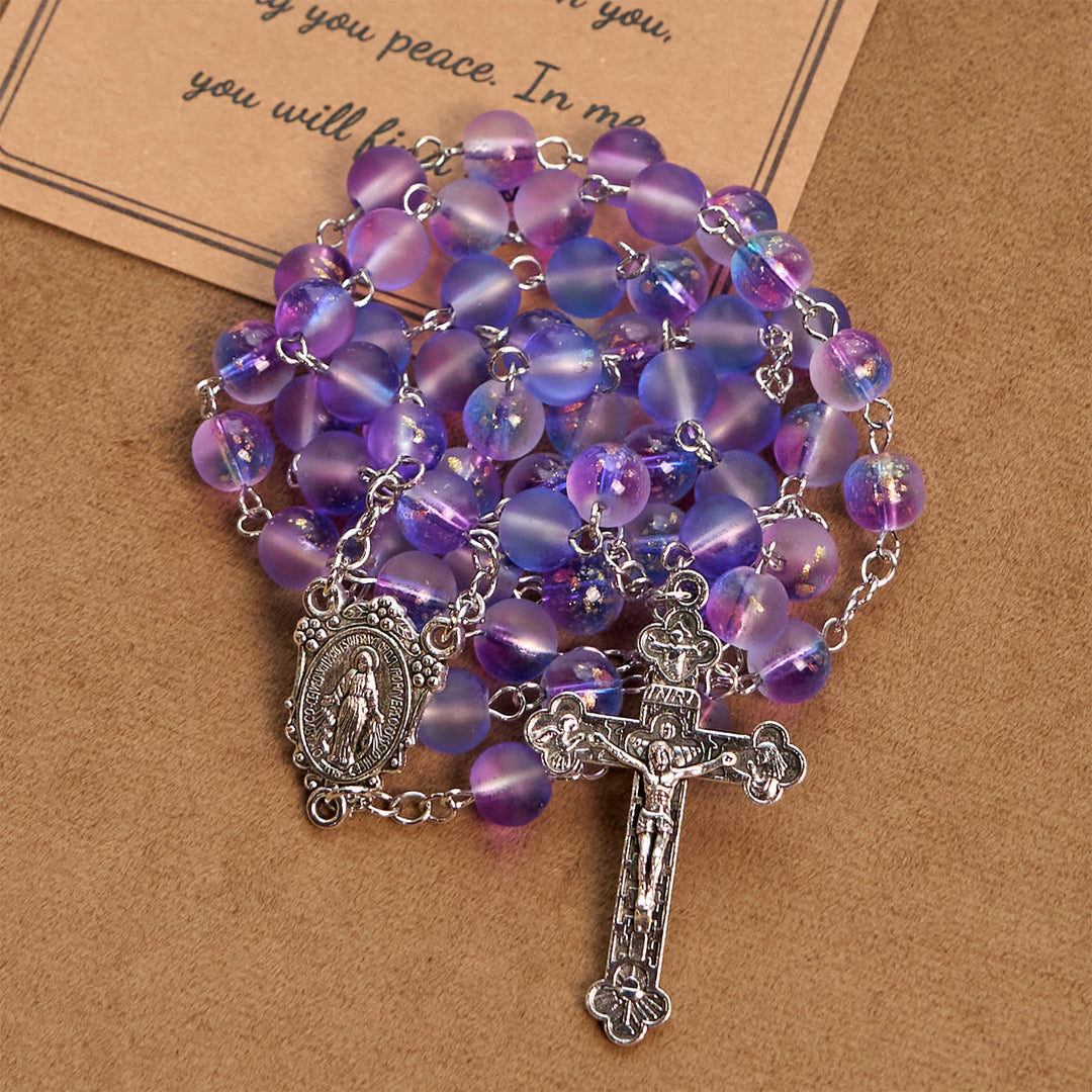 Christianartworkshop Frosted Blue and Purple Glass Beads Rosary Adorned with Miraculous Medal: Devotion in Textured Form