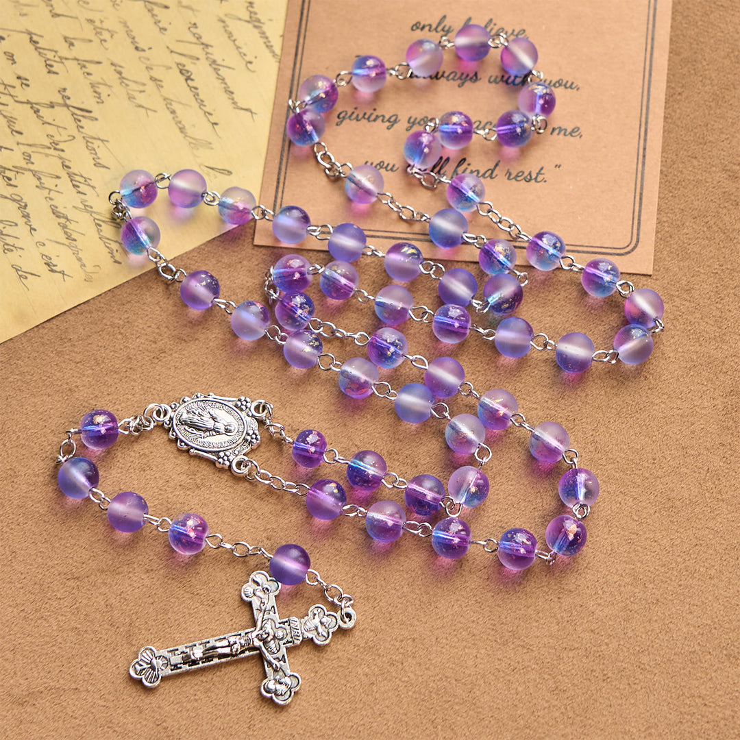 Christianartworkshop Frosted Blue and Purple Glass Beads Rosary Adorned with Miraculous Medal: Devotion in Textured Form