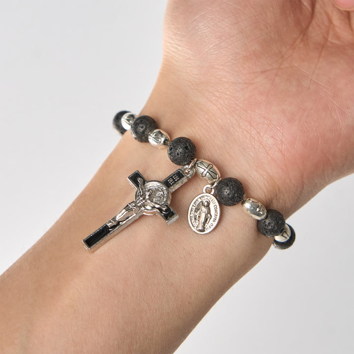 FREE Today: Natural Matte Black Agate Bracelet with St. Benedict Medal and Virgin Mary Pendant