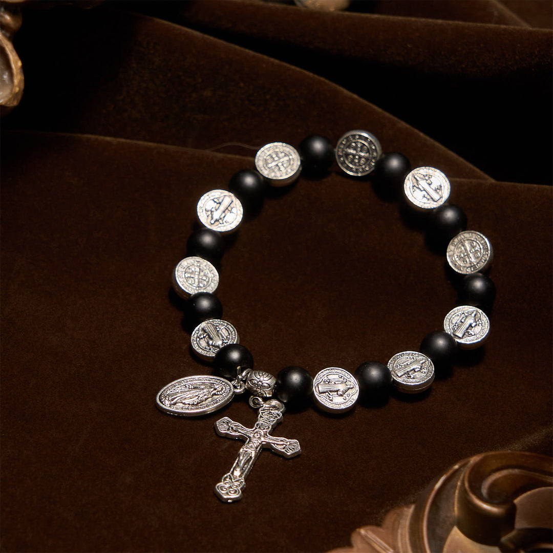 FREE Today: Natural Matte Black Agate Bracelet with St. Benedict Medal and Virgin Mary Pendant