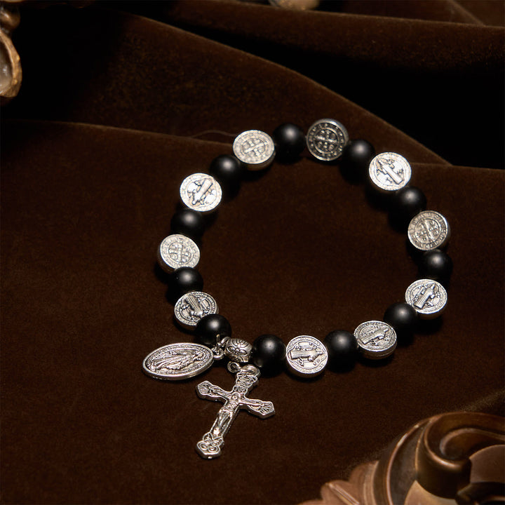 FREE Today: Natural Matte Black Agate Bracelet with St. Benedict Medal and Virgin Mary Pendant