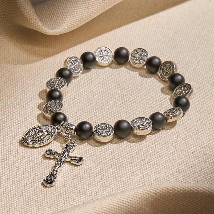 FREE Today: Natural Matte Black Agate Bracelet with St. Benedict Medal and Virgin Mary Pendant