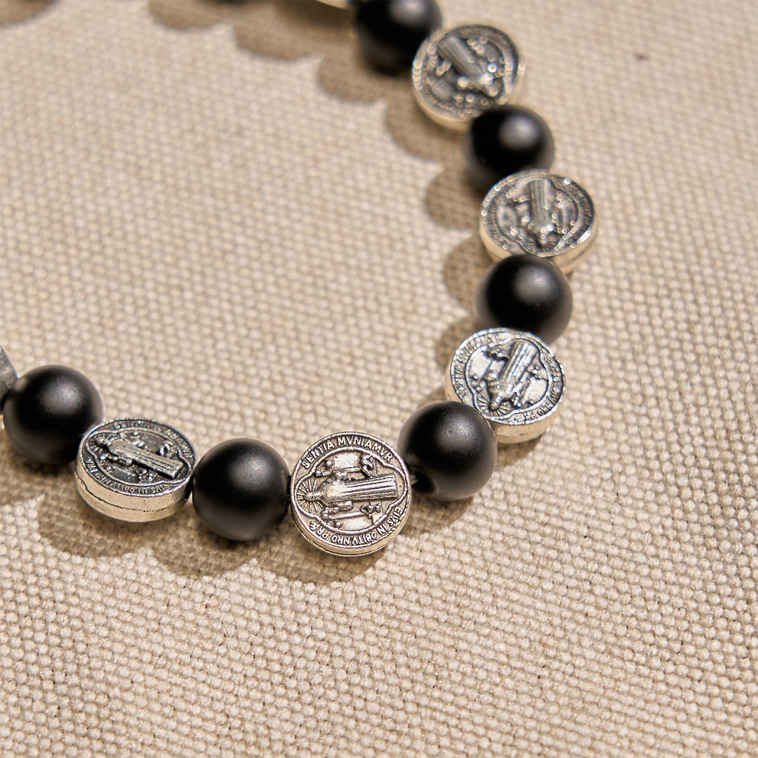 FREE Today: Natural Matte Black Agate Bracelet with St. Benedict Medal and Virgin Mary Pendant