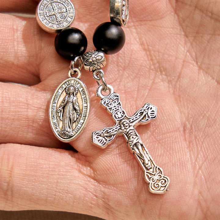 FREE Today: Natural Matte Black Agate Bracelet with St. Benedict Medal and Virgin Mary Pendant