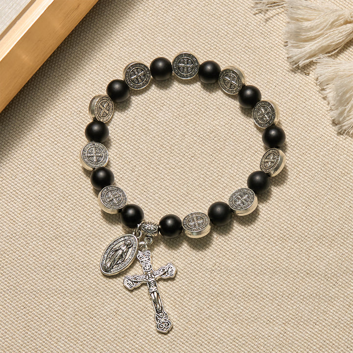 FREE Today: Natural Matte Black Agate Bracelet with St. Benedict Medal and Virgin Mary Pendant