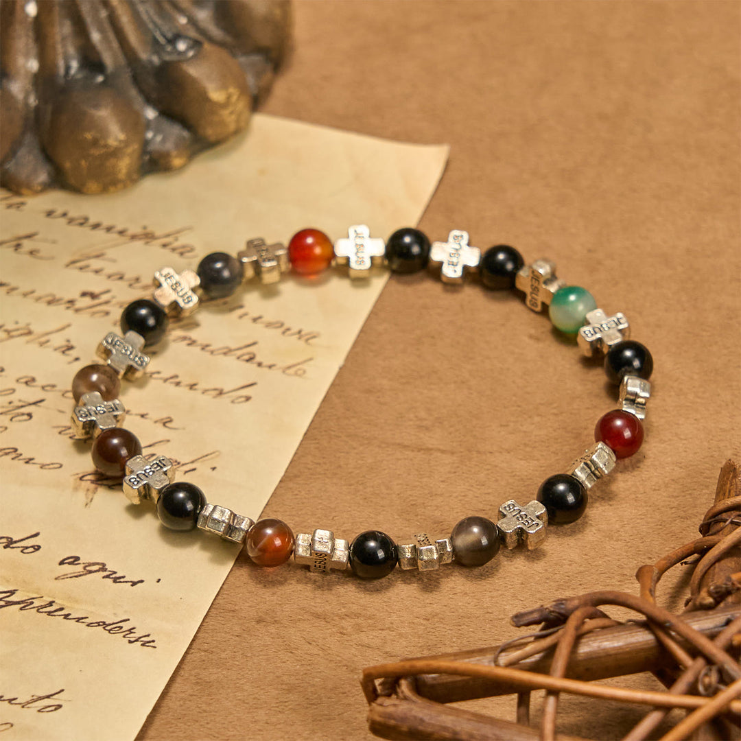 Christianartworkshop Natural Multicolored Agate Bracelet with Two Tone Jesus Cross: Bold Faith Statement - Silver - image 1