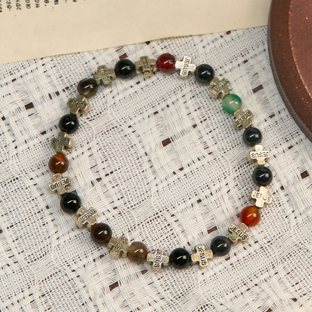 Christianartworkshop Natural Multicolored Agate Bracelet with Two Tone Jesus Cross: Bold Faith Statement - image 3