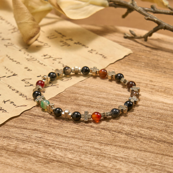 Christianartworkshop Natural Multicolored Agate Bracelet with Two Tone Jesus Cross: Bold Faith Statement - image 4