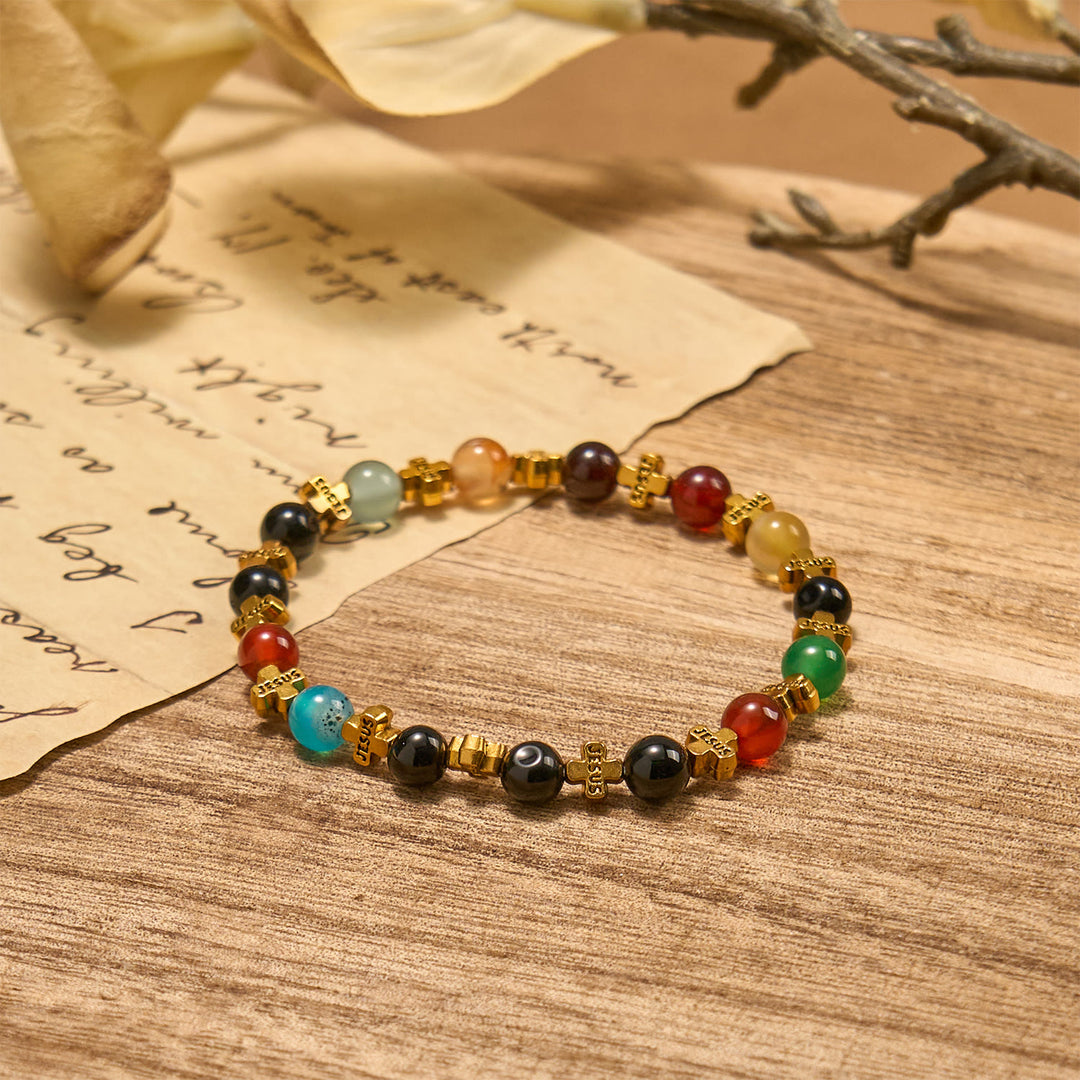 Christianartworkshop Natural Multicolored Agate Bracelet with Two Tone Jesus Cross: Bold Faith Statement - image 11