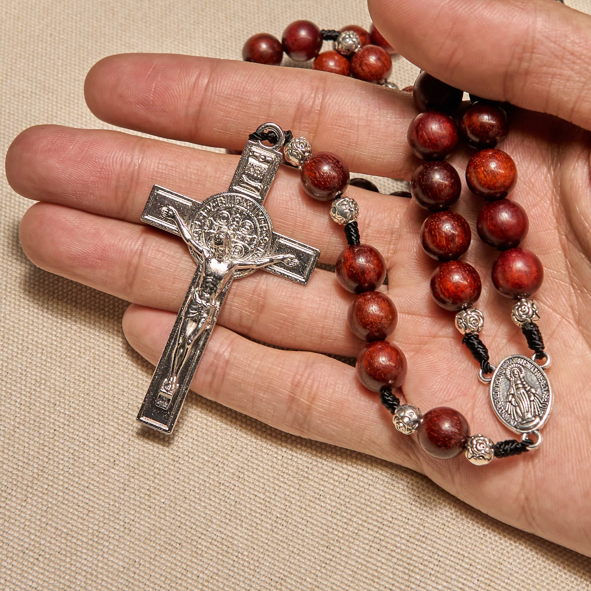 Christianartworkshop Red Wood and Rose Beads Rosary with