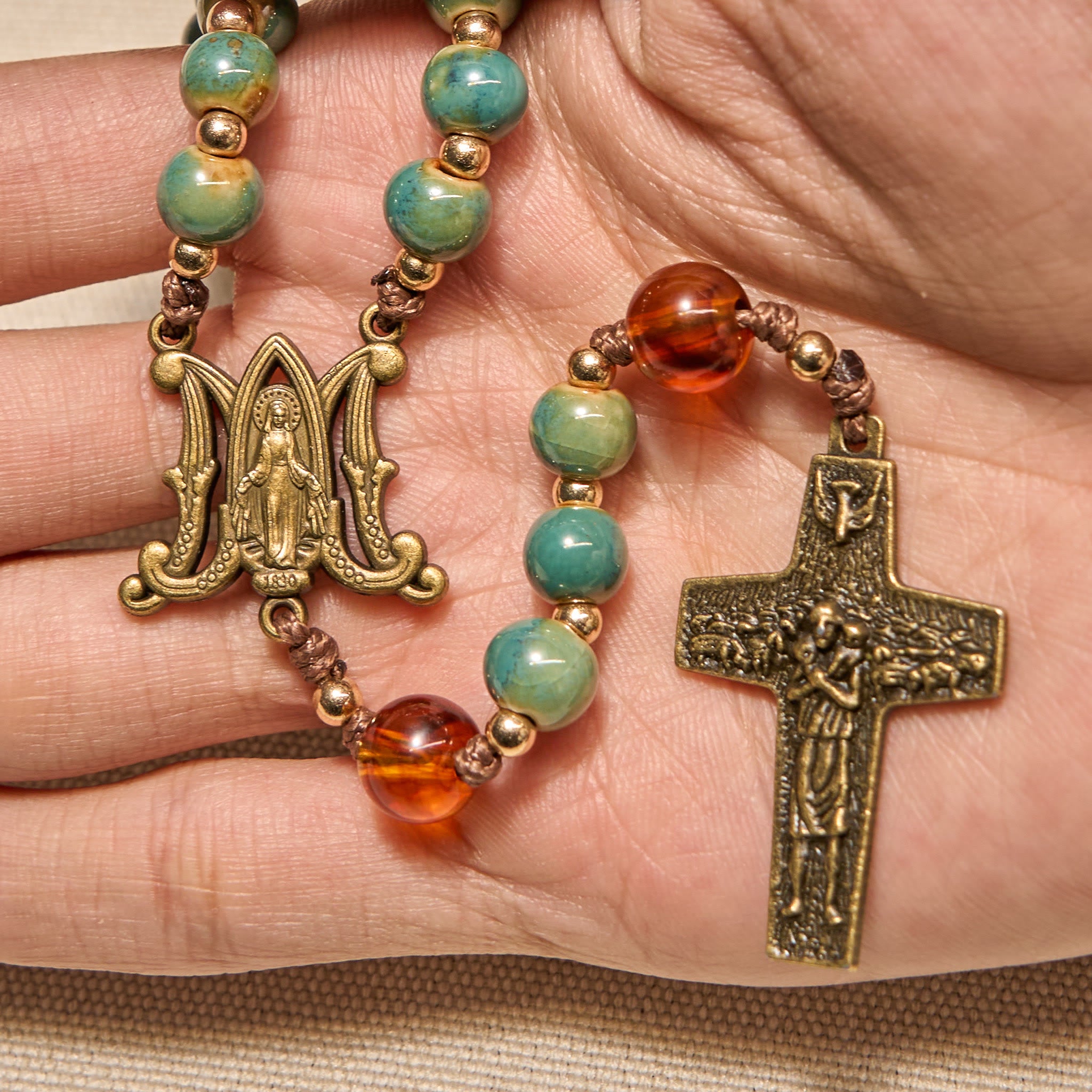 Handcrafted Green Ceramic Rosary with Miraculous Medal & Amber