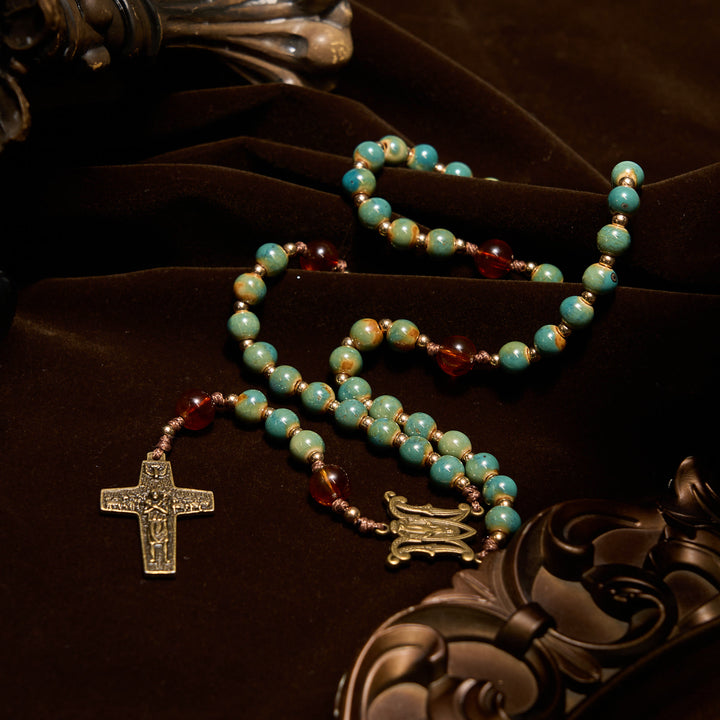 Christianartworkshop PRAYERFUL FAITH: Handcrafted Green Ceramic Rosary with Amber Beads - image 8