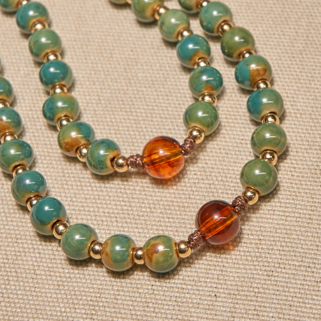 Christianartworkshop PRAYERFUL FAITH: Handcrafted Green Ceramic Rosary with Amber Beads - image 6