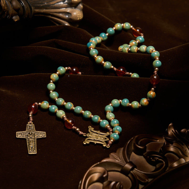 Christianartworkshop PRAYERFUL FAITH: Handcrafted Green Ceramic Rosary with Amber Beads - image 7