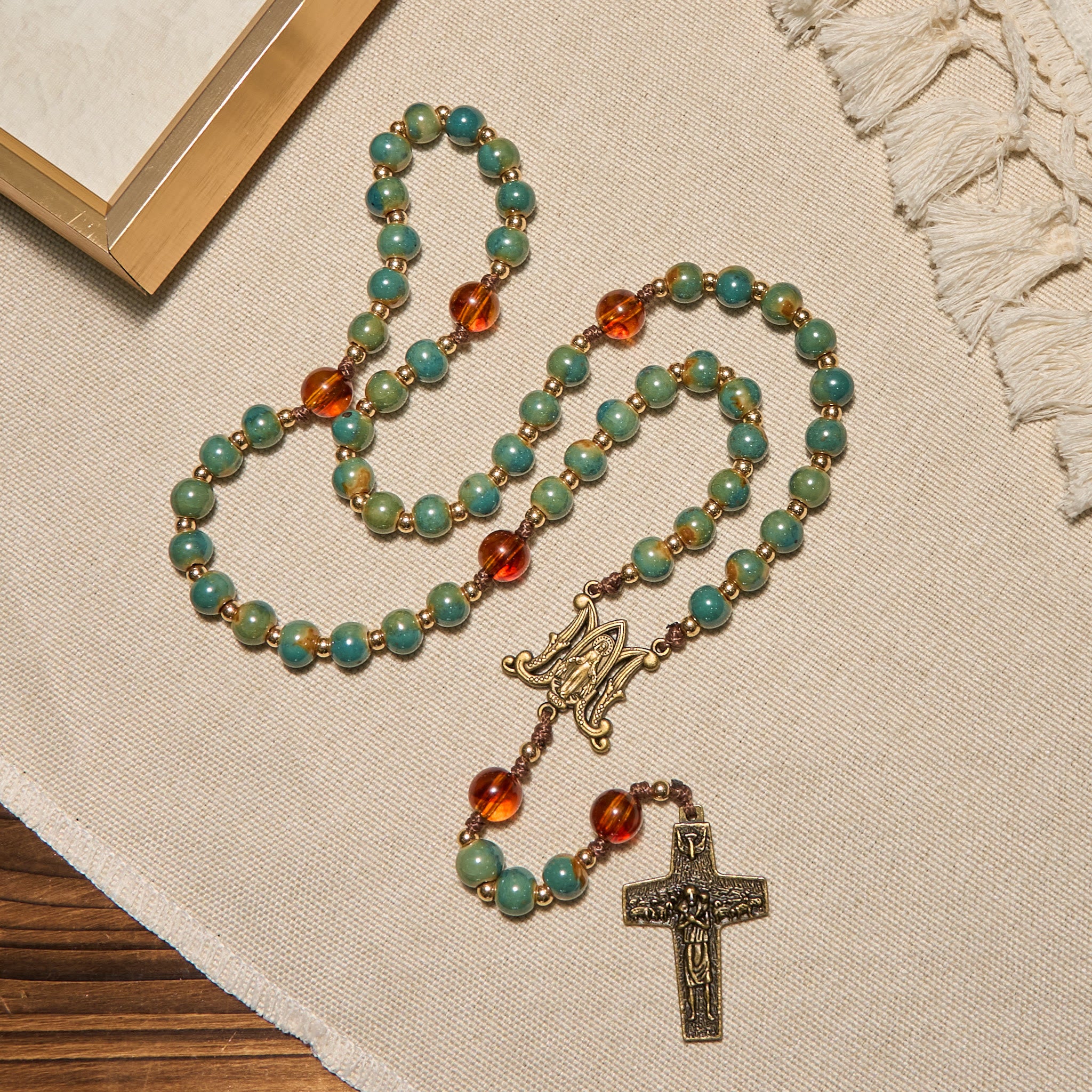 Handcrafted Green Ceramic Rosary with Miraculous Medal & Amber