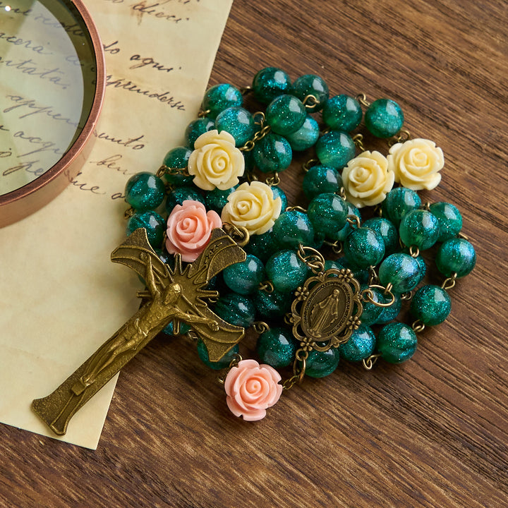 Christianartworkshop Green Shiny Beads & Flower Rose Rosary with Bronze Virgin Mary Medal & Crucifix