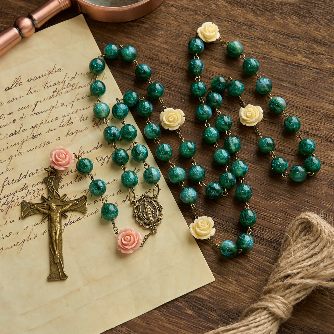 Christianartworkshop Green Shiny Beads & Flower Rose Rosary with Bronze Virgin Mary Medal & Crucifix - Flower Beads - image 0