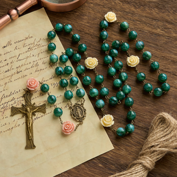 Christianartworkshop Green Shiny Beads & Flower Rose Rosary with Bronze Virgin Mary Medal & Crucifix - Flower Beads - image 0