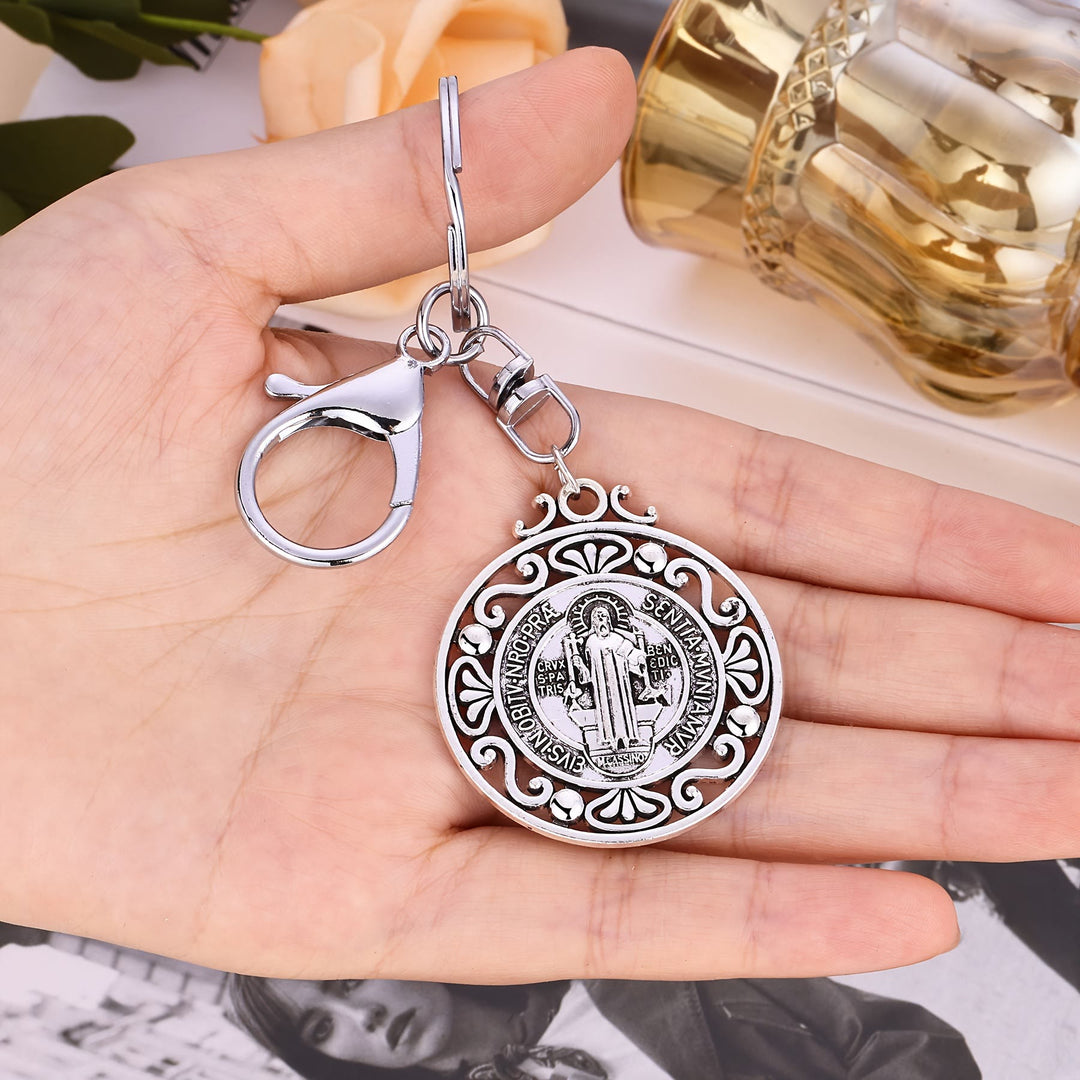 Christianartworkshop Artisanal Silver St. Benedict Keychain with Hollow-Out Design: Nostalgic Sign of Faithful Guardian - image 2