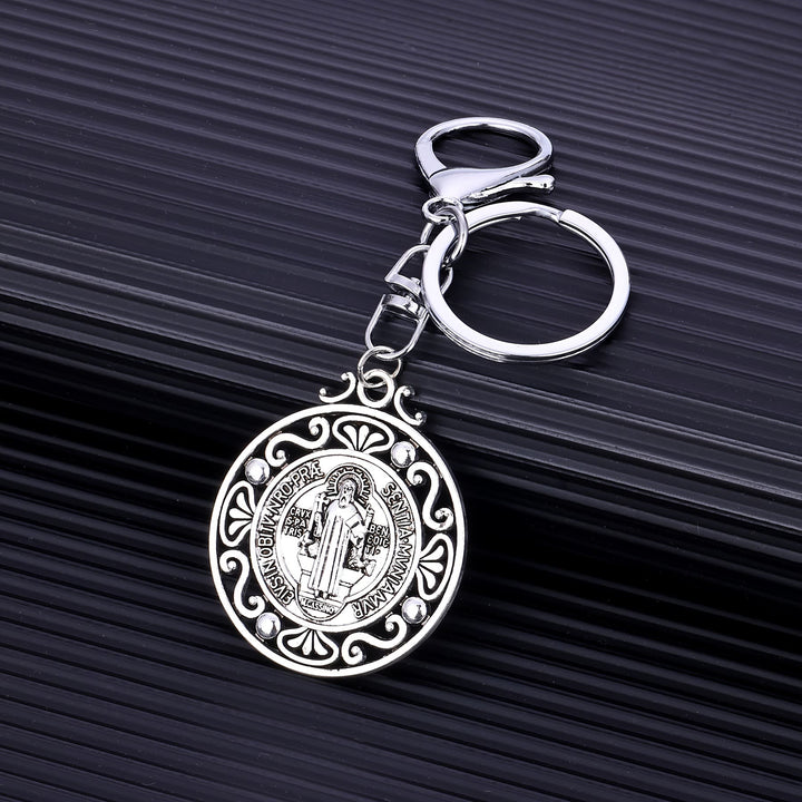 Christianartworkshop Artisanal Silver St. Benedict Keychain with Hollow-Out Design: Nostalgic Sign of Faithful Guardian - St. Benedict - image 1