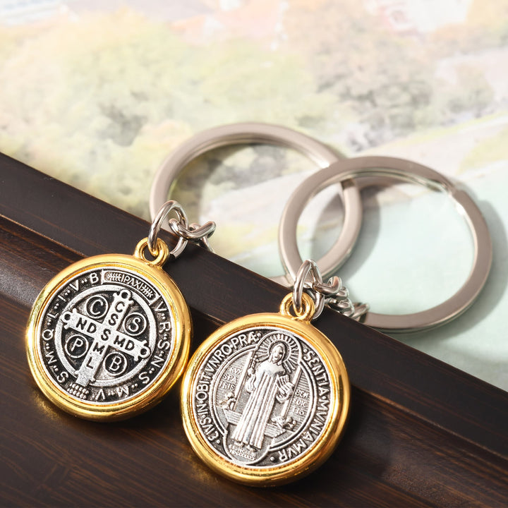 Christianartworkshop Classic Golden Edged St. Benedict Keychain with Intricate Patterns: Timeless Symbol of Spiritual Devotion - St. Benedict - image 1