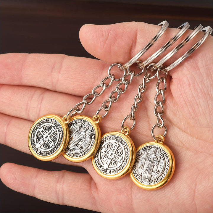 Christianartworkshop Classic Golden Edged St. Benedict Keychain with Intricate Patterns: Timeless Symbol of Spiritual Devotion - image 2