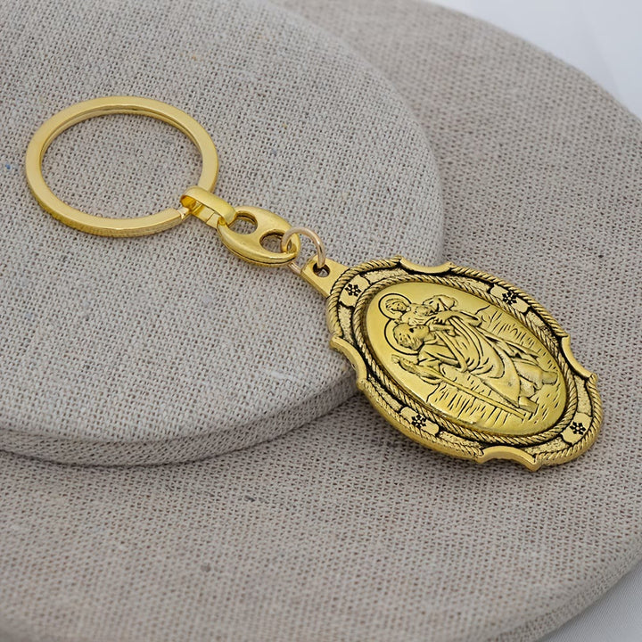 Christianartworkshop Intricately Carved Multicolor St. Christopher Keychain: Based Companion for Safe Travels