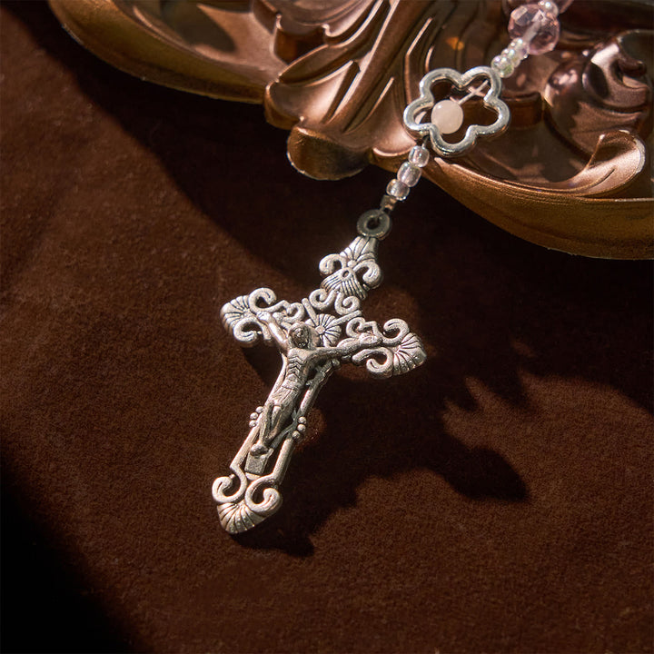 FREE Today: Elegant Pink Crystal Rosary with 3D Rose Beads, Silver Chalice Medal & Crucifix: Embrace Divine Grace