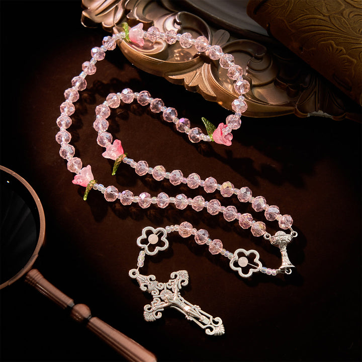 FREE Today: Elegant Pink Crystal Rosary with 3D Rose Beads, Silver Chalice Medal & Crucifix: Embrace Divine Grace