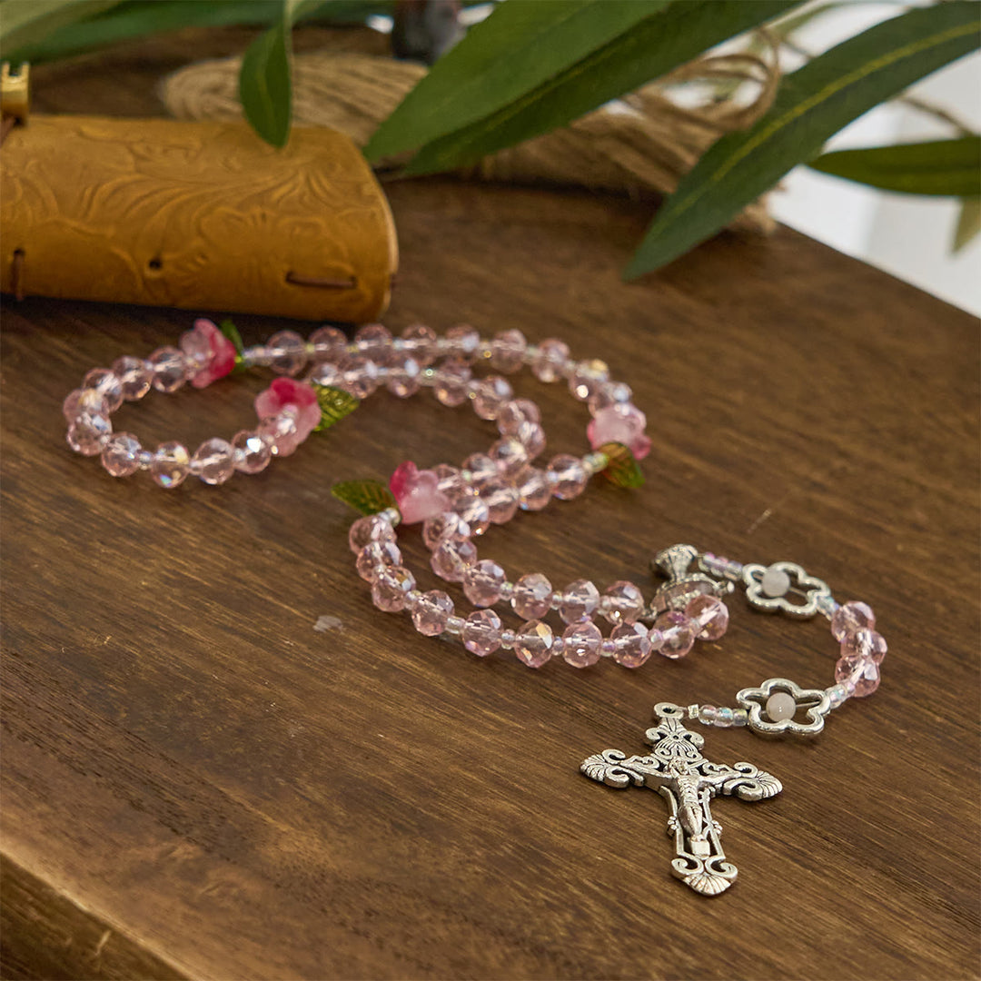FREE Today: Elegant Pink Crystal Rosary with 3D Rose Beads, Silver Chalice Medal & Crucifix: Embrace Divine Grace