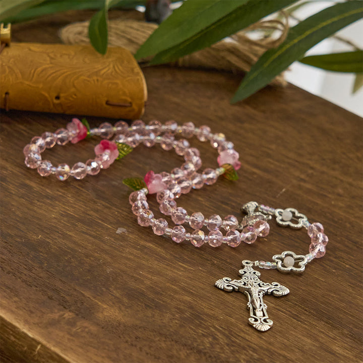 FREE Today: Elegant Pink Crystal Rosary with 3D Rose Beads, Silver Chalice Medal & Crucifix: Embrace Divine Grace