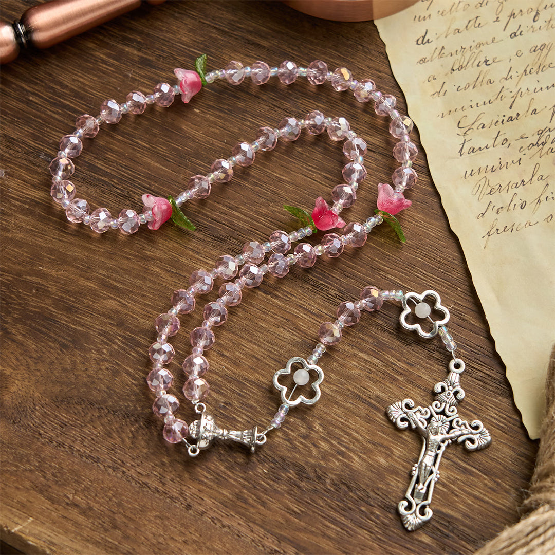 FREE Today: Elegant Pink Crystal Rosary with 3D Rose Beads, Silver Chalice Medal & Crucifix: Embrace Divine Grace
