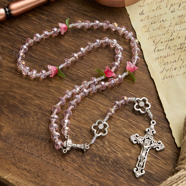 FREE Today: Elegant Pink Crystal Rosary with 3D Rose Beads, Silver Chalice Medal & Crucifix: Embrace Divine Grace