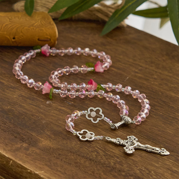 FREE Today: Elegant Pink Crystal Rosary with 3D Rose Beads, Silver Chalice Medal & Crucifix: Embrace Divine Grace